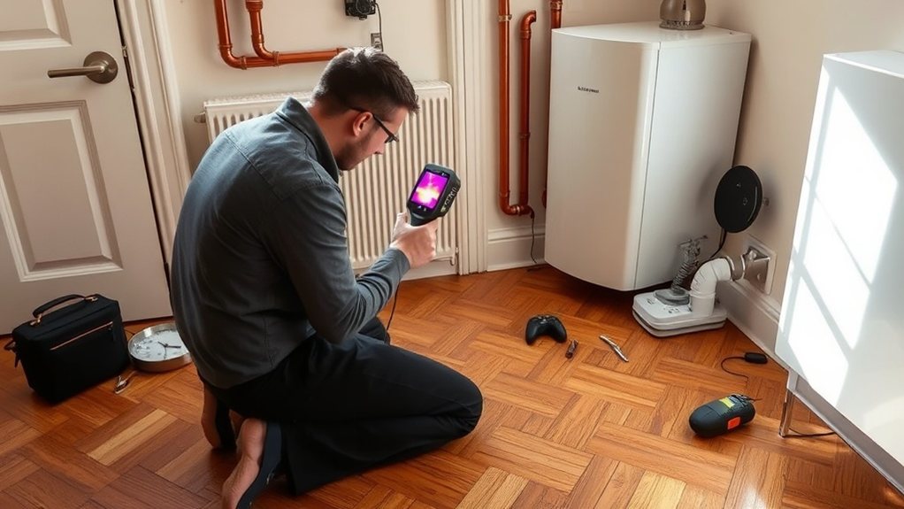 Engineer locating central heating leak using thermal imaging in Egham