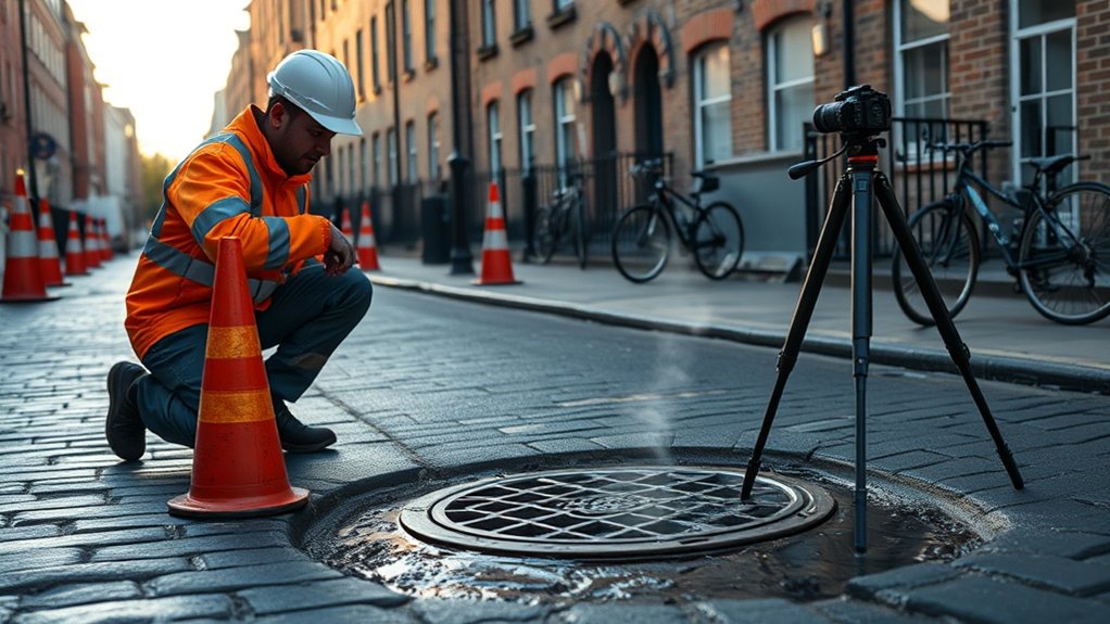 Engineer carrying out water mains leak detection in Egham
